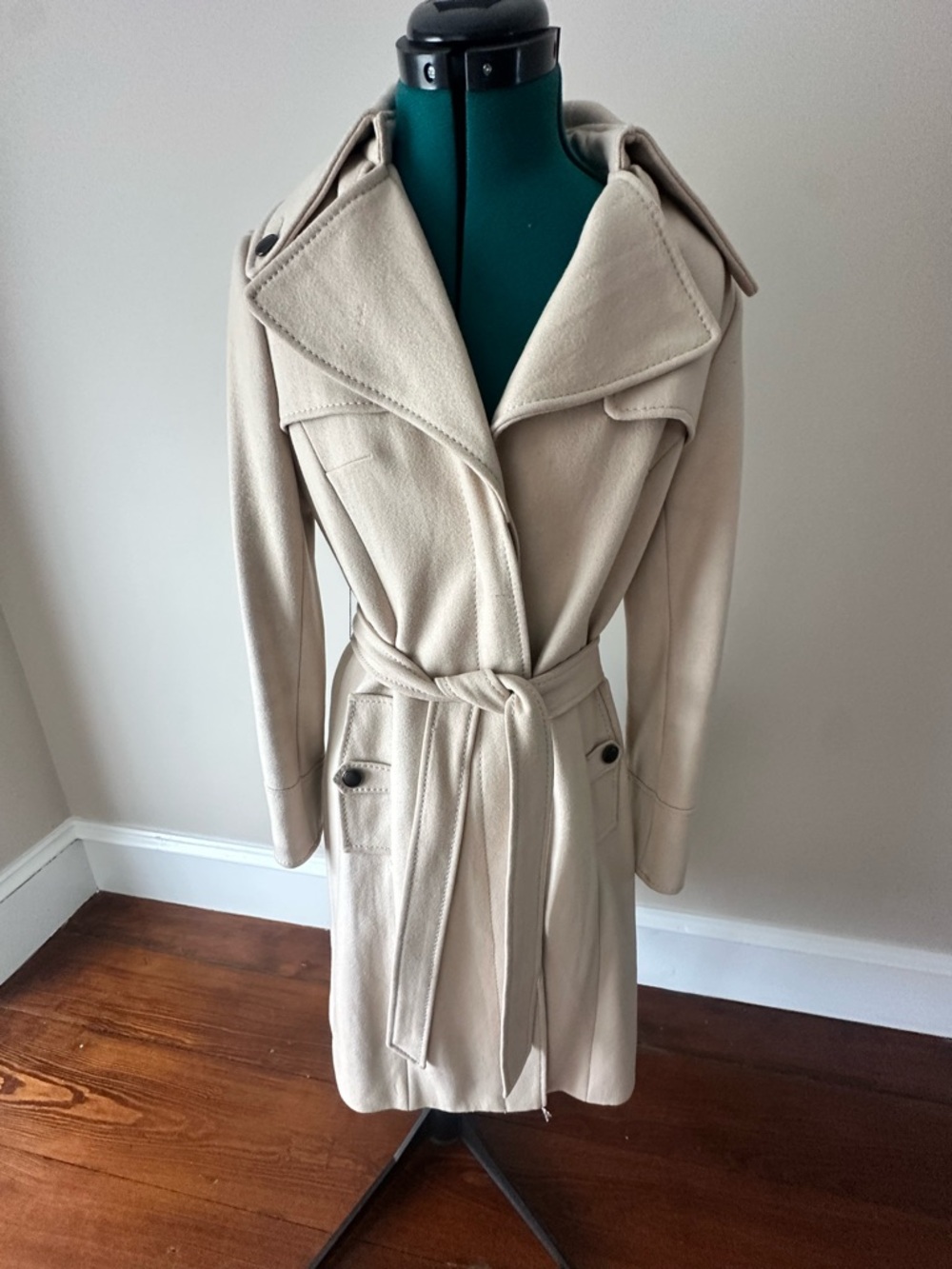 Kenneth Cole Womens Cream Belted Wool-Blend Trench Coat - Size 8